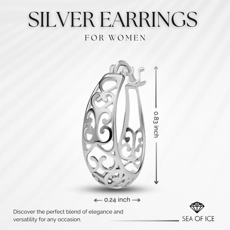 SEA OF ICE Silver Hoop Earrings for Women - Oval Filigree Trendy Fashion Hoop Earrings â€“ Sterling Silver Earrings for Women - Image 2